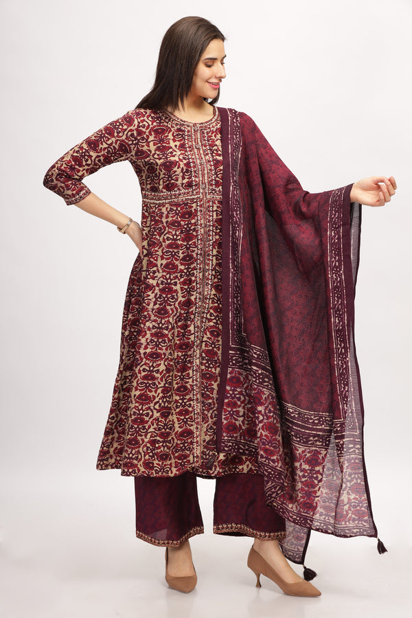 Printed Front Open Kurta with Palazzo and Dupatta